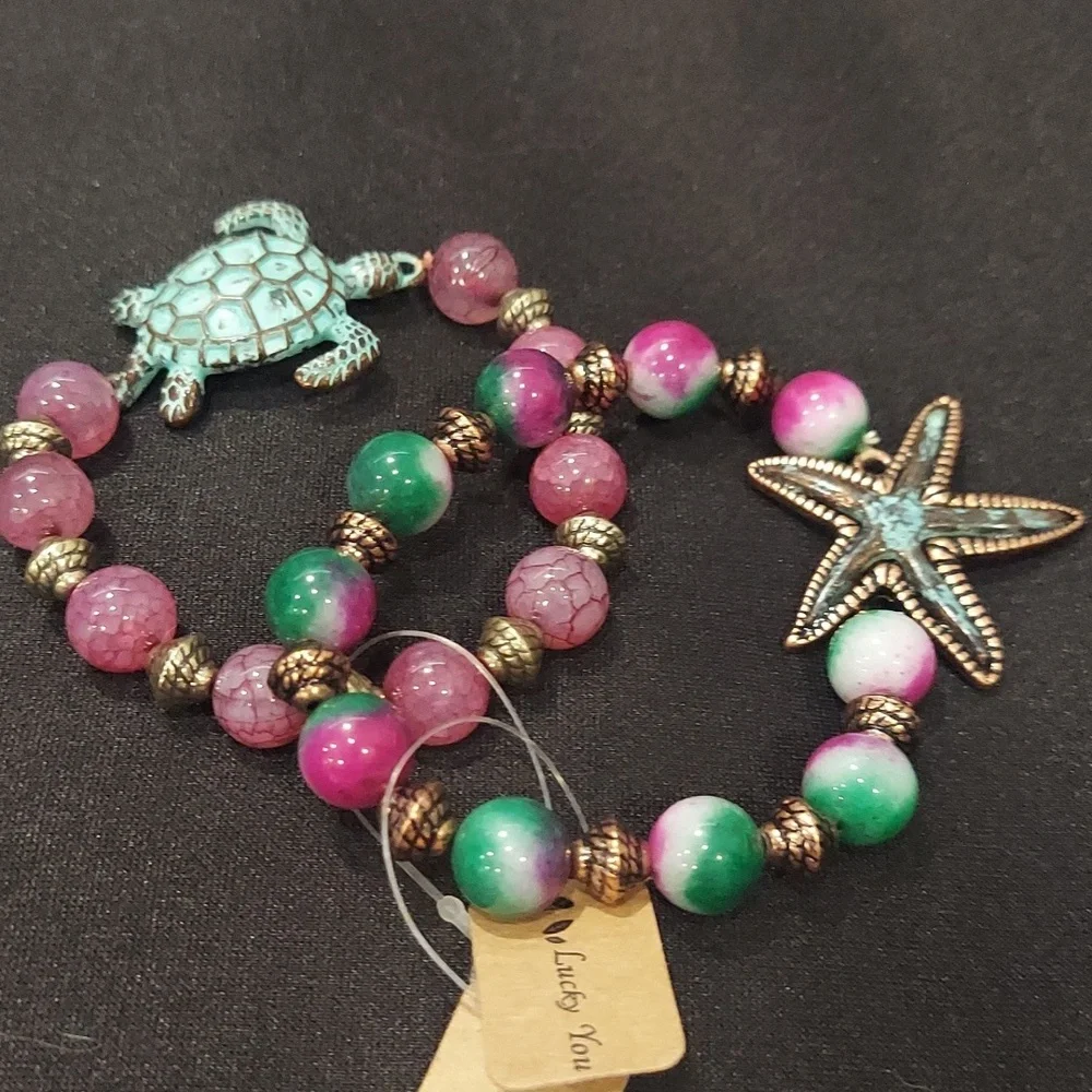 NWT Gemstone Bracelet Set with Turtle and Starfish Charms - Picture 2 of 6